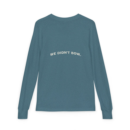 Youth Long Sleeve Tee — "Faith on Fire" Christian Flame Graphic (We Didn’t Bow)