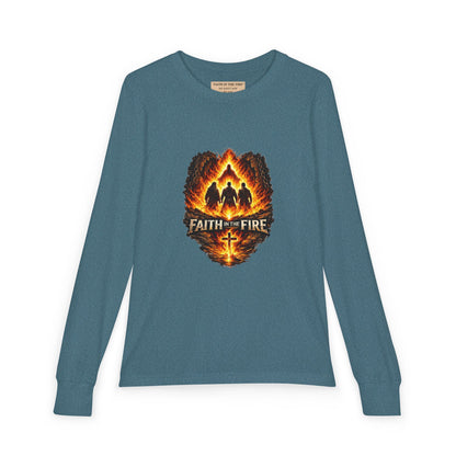 Youth Long Sleeve Tee — "Faith on Fire" Christian Flame Graphic (We Didn’t Bow)
