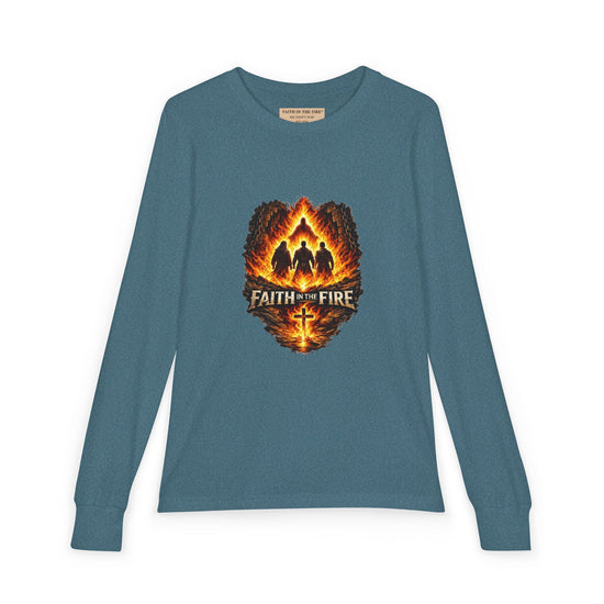 Youth Long Sleeve Tee — "Faith on Fire" Christian Flame Graphic (We Didn’t Bow)