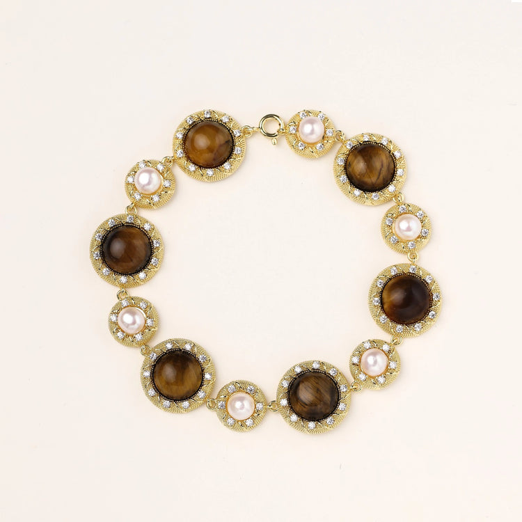 Gold-plated link bracelet with alternating brown tiger&