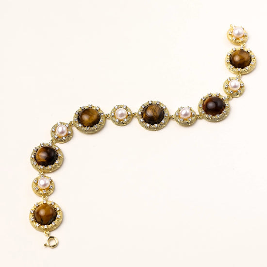 Gold-plated link bracelet with alternating brown tiger&